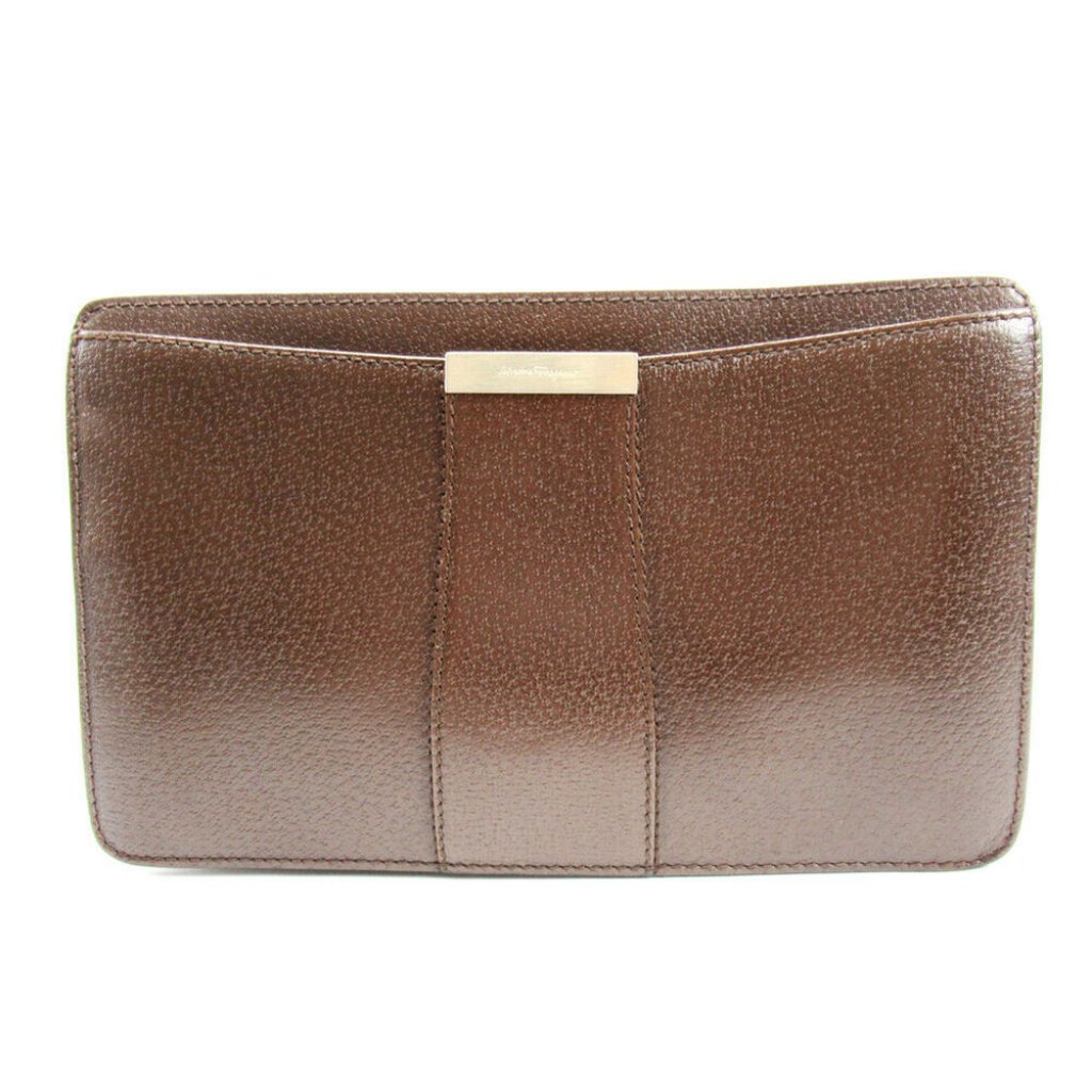 Authentic Salvatore Ferragamo Clutch Bag Brown Leather